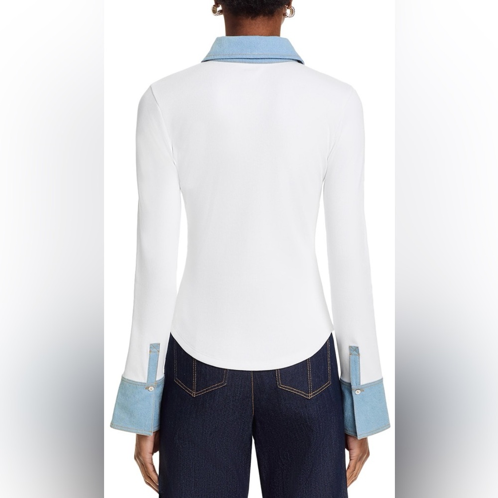 Cinq a Sept Jaden Denim Trim Top in White/Light Wash - Picture 3 of 5